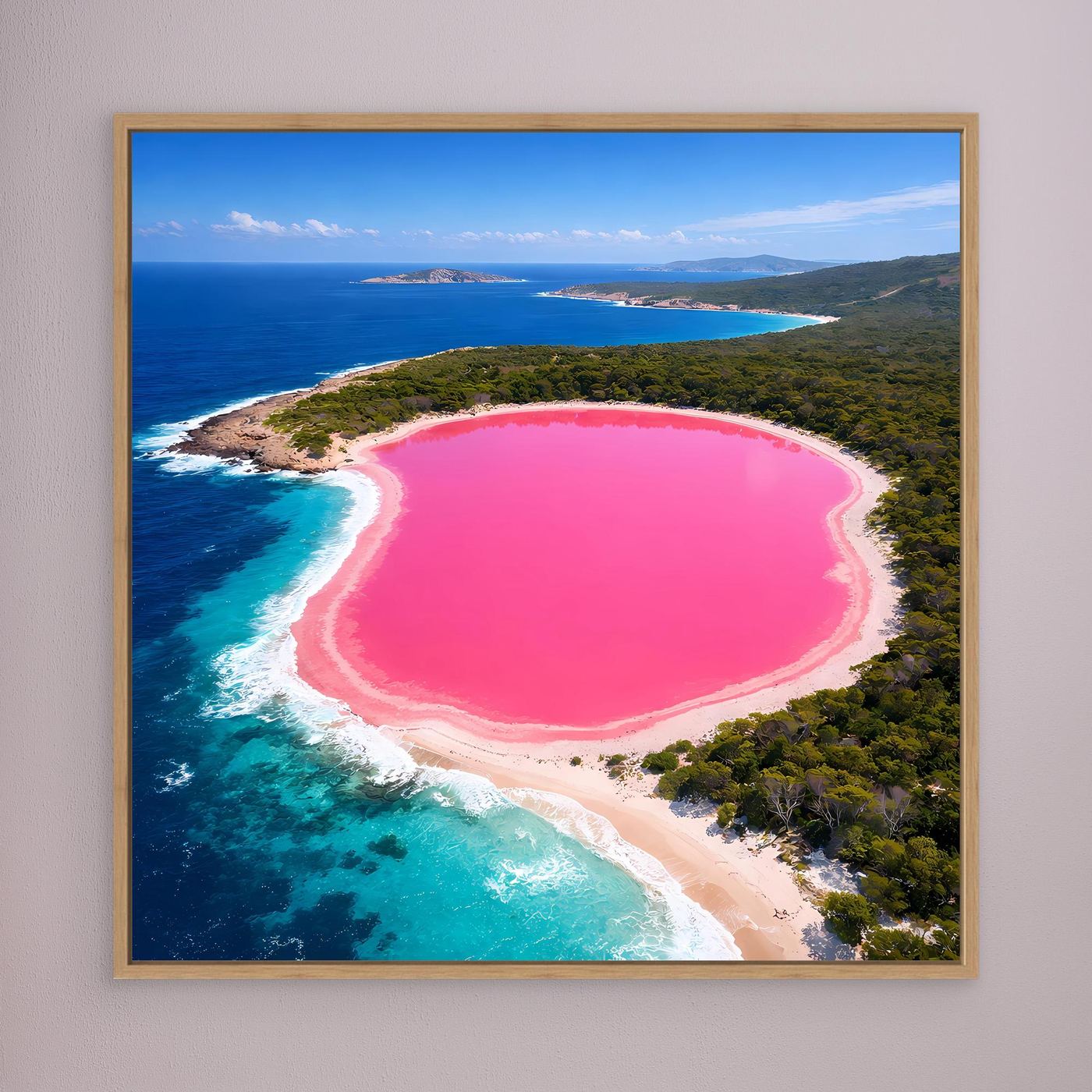 Leinwandbild mit rosa See und türkisfarbener Küste im Hochformat, brauner Rahmen