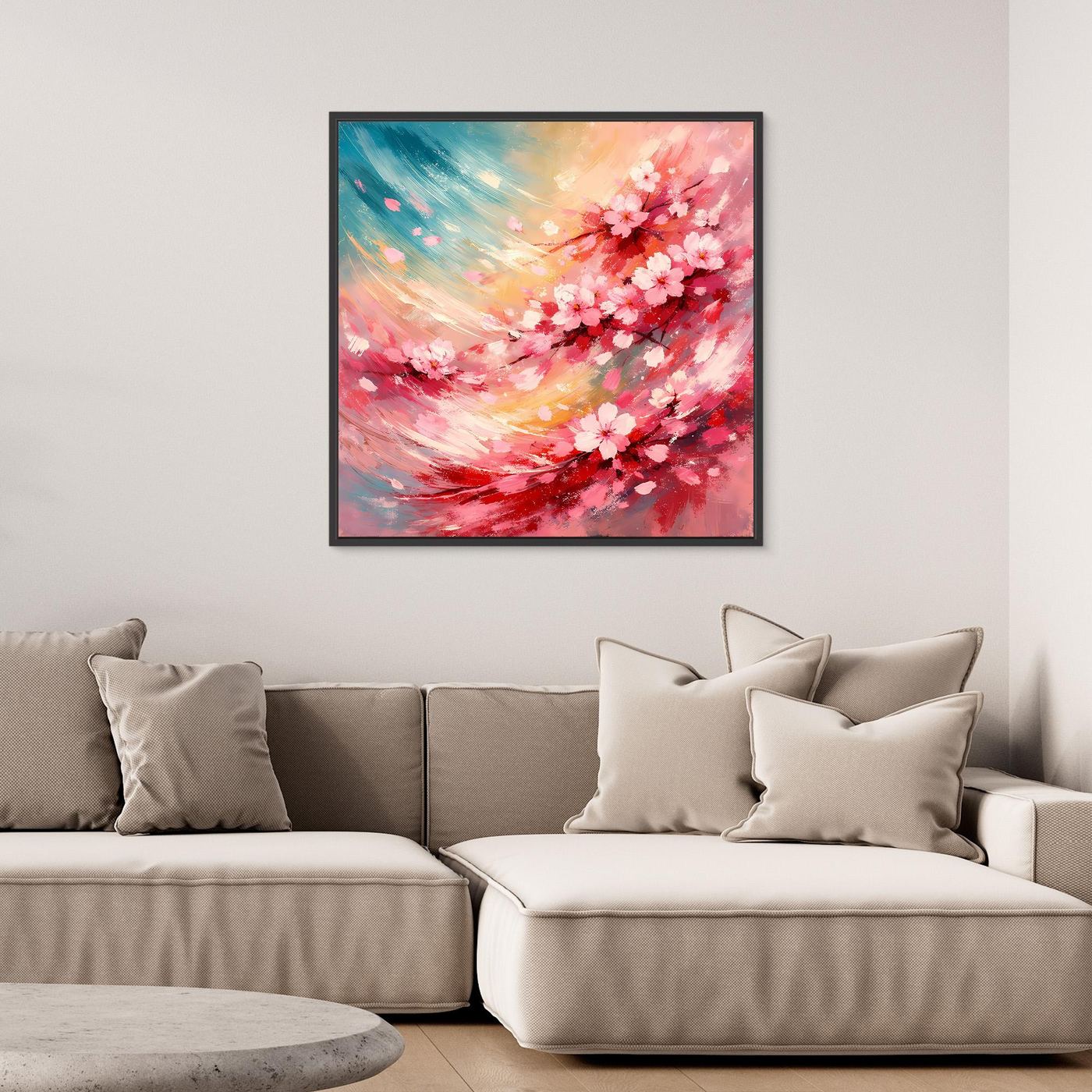 Leinwandbild mit abstrakten Kirschblüten in Rosa und Blau, im schwarzen Rahmen