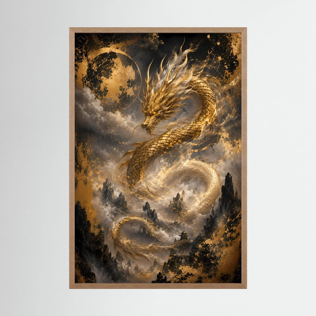 Gerahmtes Hochformat-Poster mit goldenem Drachen, Mond und Wolken über Bergen