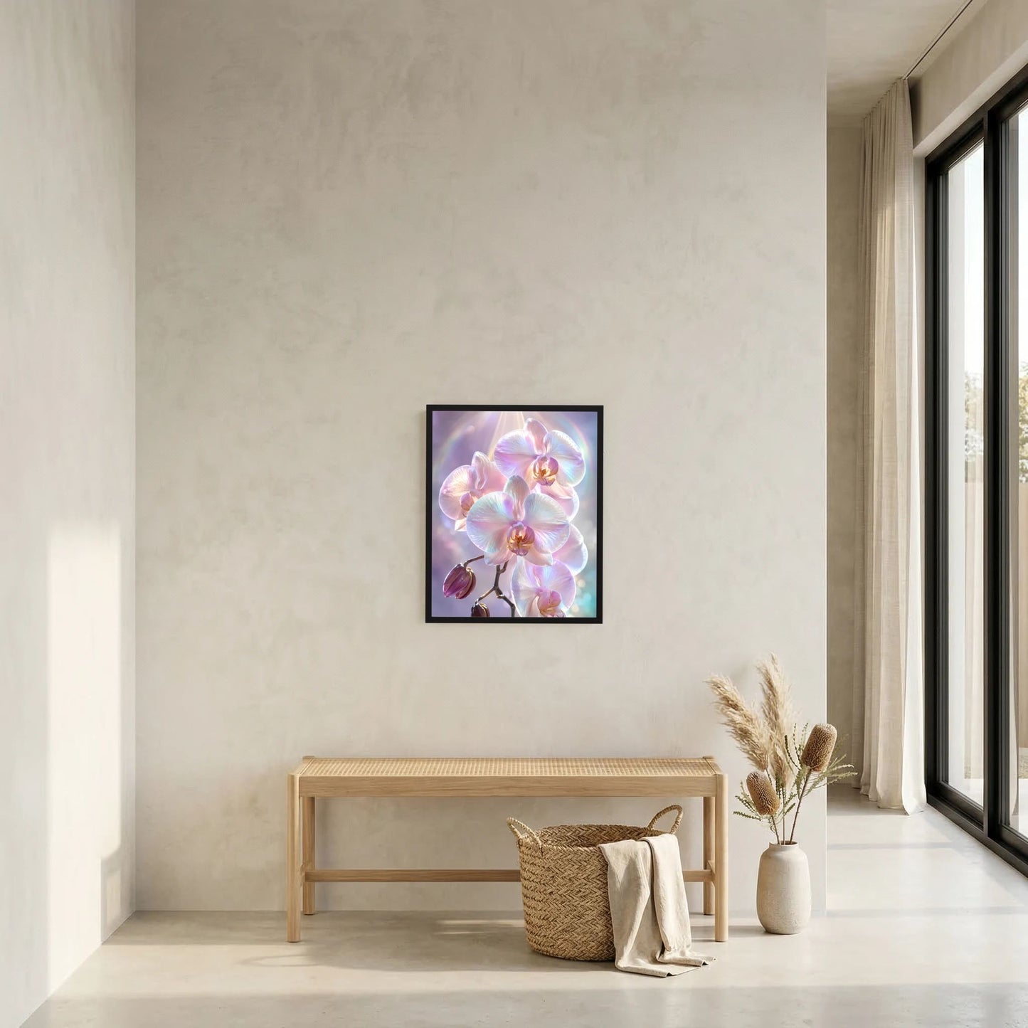 Gerahmtes Kunstposter: schimmernde Orchideenblüten in Rosa und Perlmutt