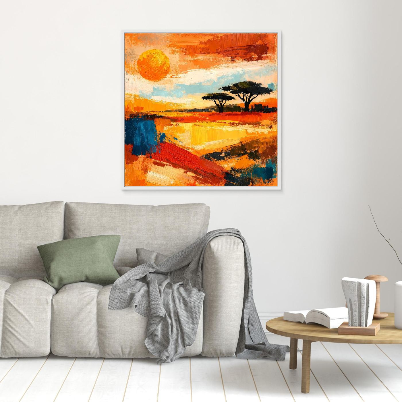 Small abstract savanna sunset canvas wall art with white border and orange highlights.