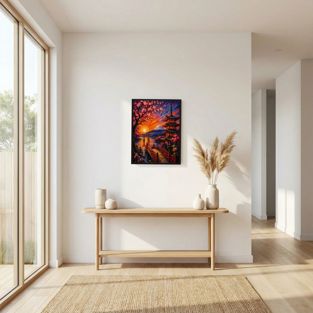 Gerahmtes Poster im Mosaikstil mit Kirschblüten, Pagode und Fuji bei Sonnenuntergang