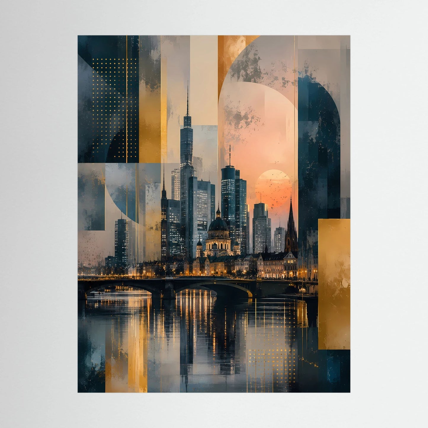 Poster im Hochformat: abstrakte Skyline am Fluss in Gold, Petrol und warmem Orange