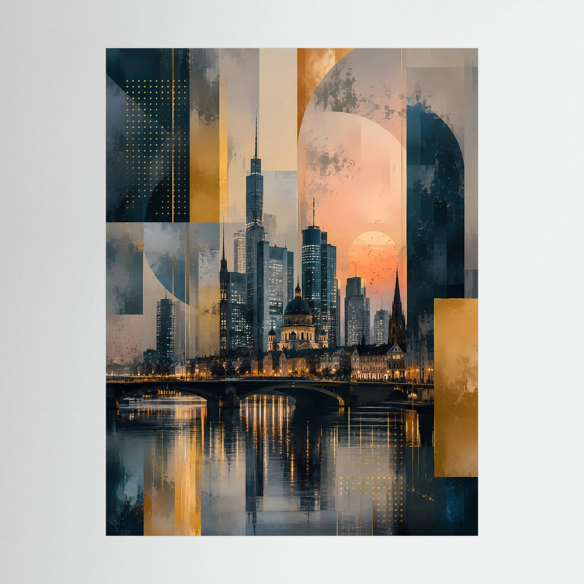 Poster im Hochformat: abstrakte Skyline am Fluss in Gold, Petrol und warmem Orange