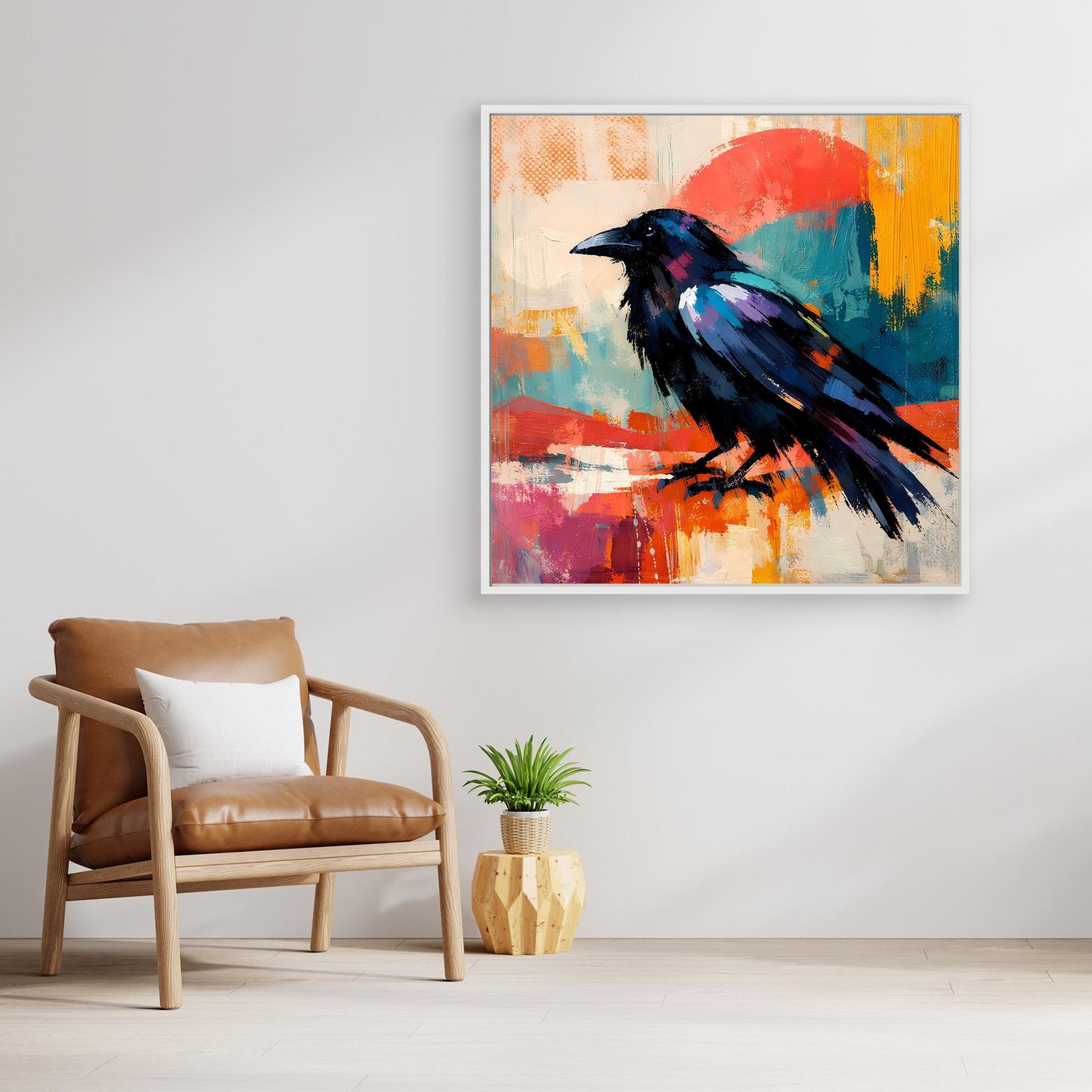 Abstract raven bird canvas wall art with dark blue and purple strokes over red-orange background