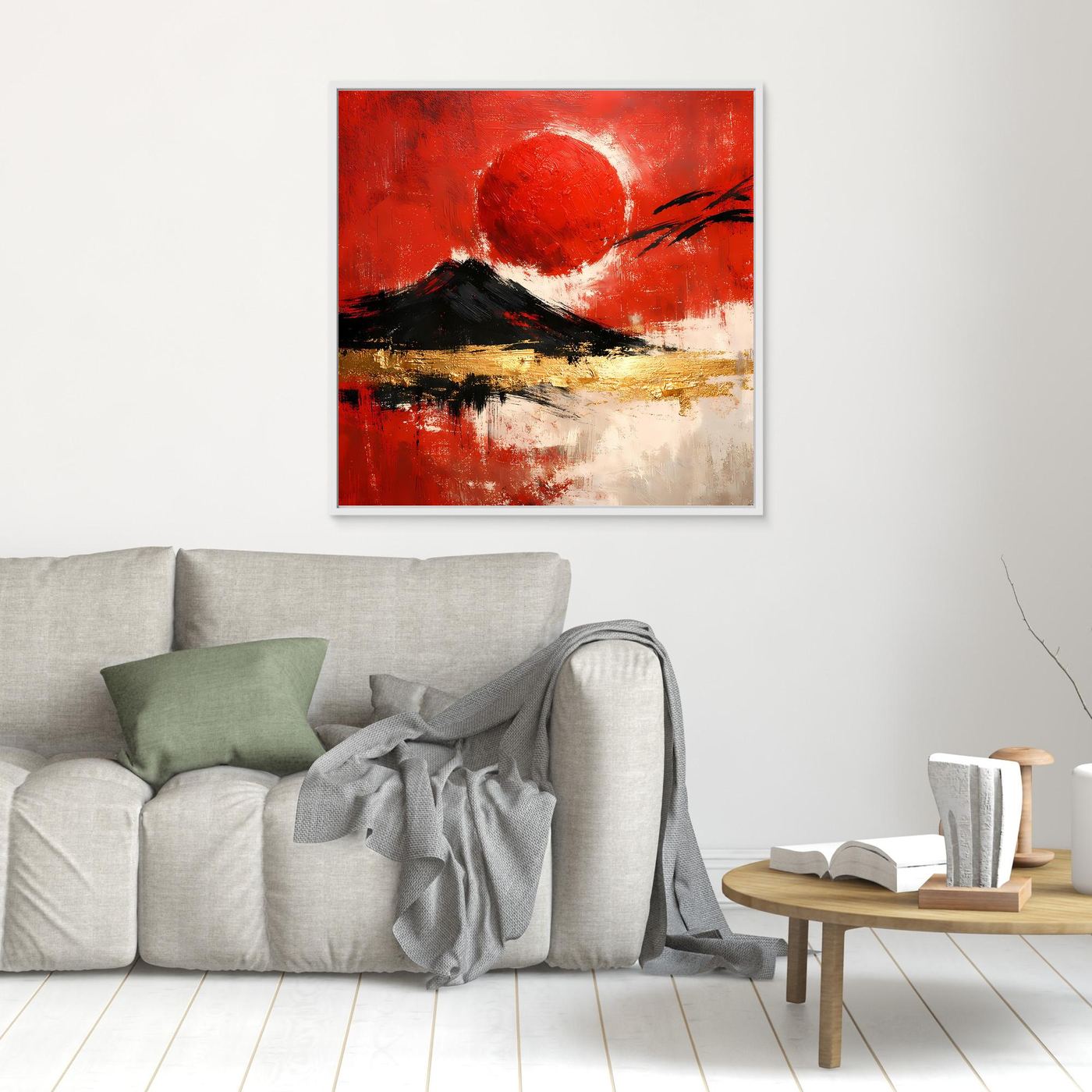 Leinwand Abstraktes Japan Wandbild in Rot und Gold | Modernes Fuji & Rote Sonne Gemälde