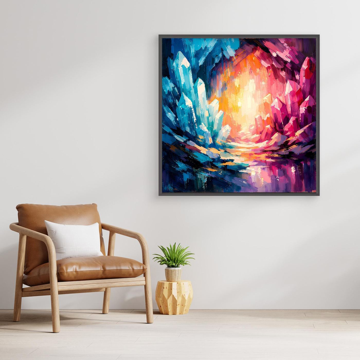 Abstract crystal canvas wall art with colorful radiant center, in a dark frame