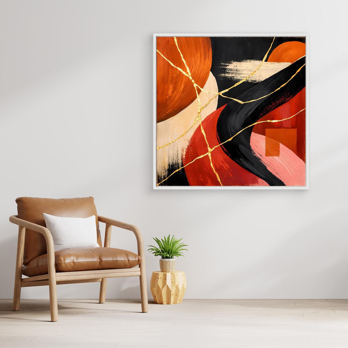 Abstraktes Leinwand-Wandbild mit Kintsugi-Goldlinien und weißer Umrandung, Rot/Schwarz