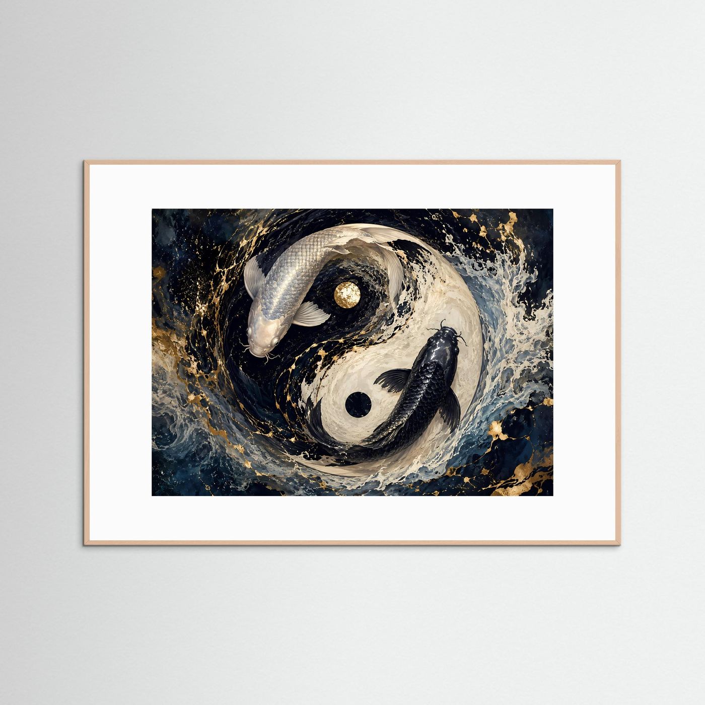Koi Fische Yin Yang in Schwarz Weiß & Gold | Asiatische Zen Wandkunst