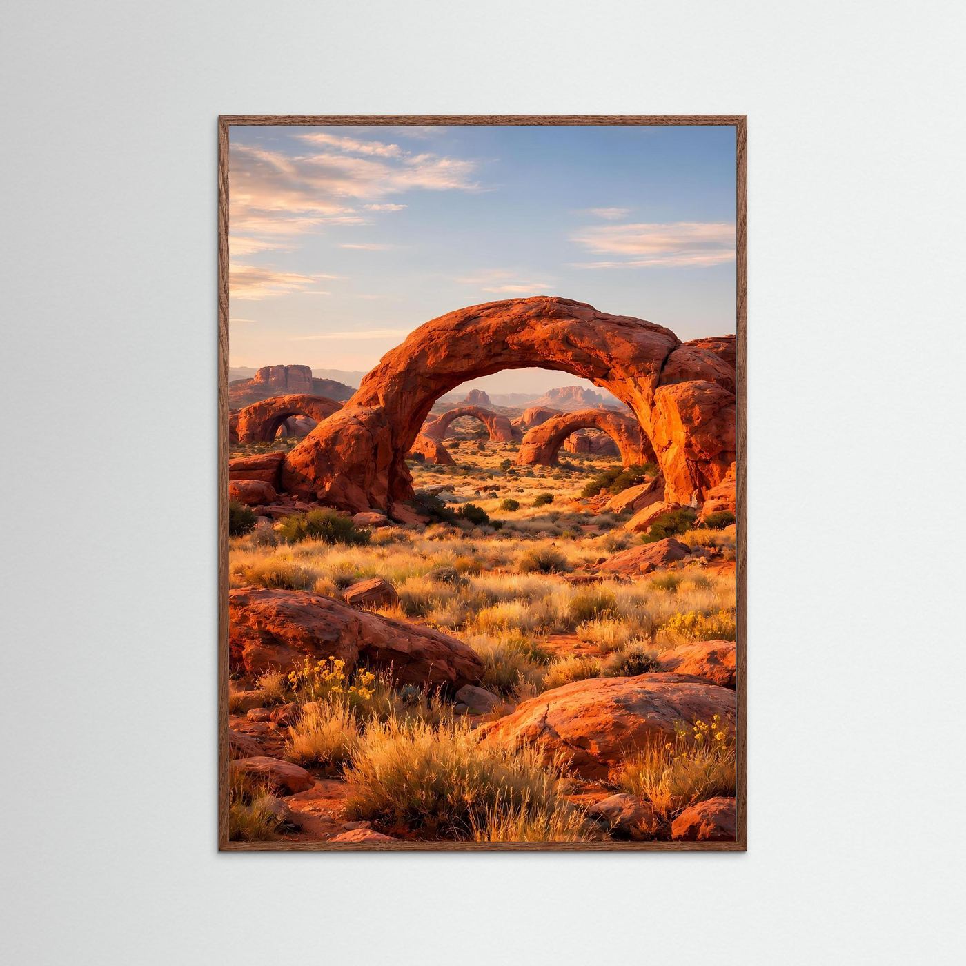 Poster mit Wüstenbogen aus rotem Fels im dunklen Holrahmen, Hochformat