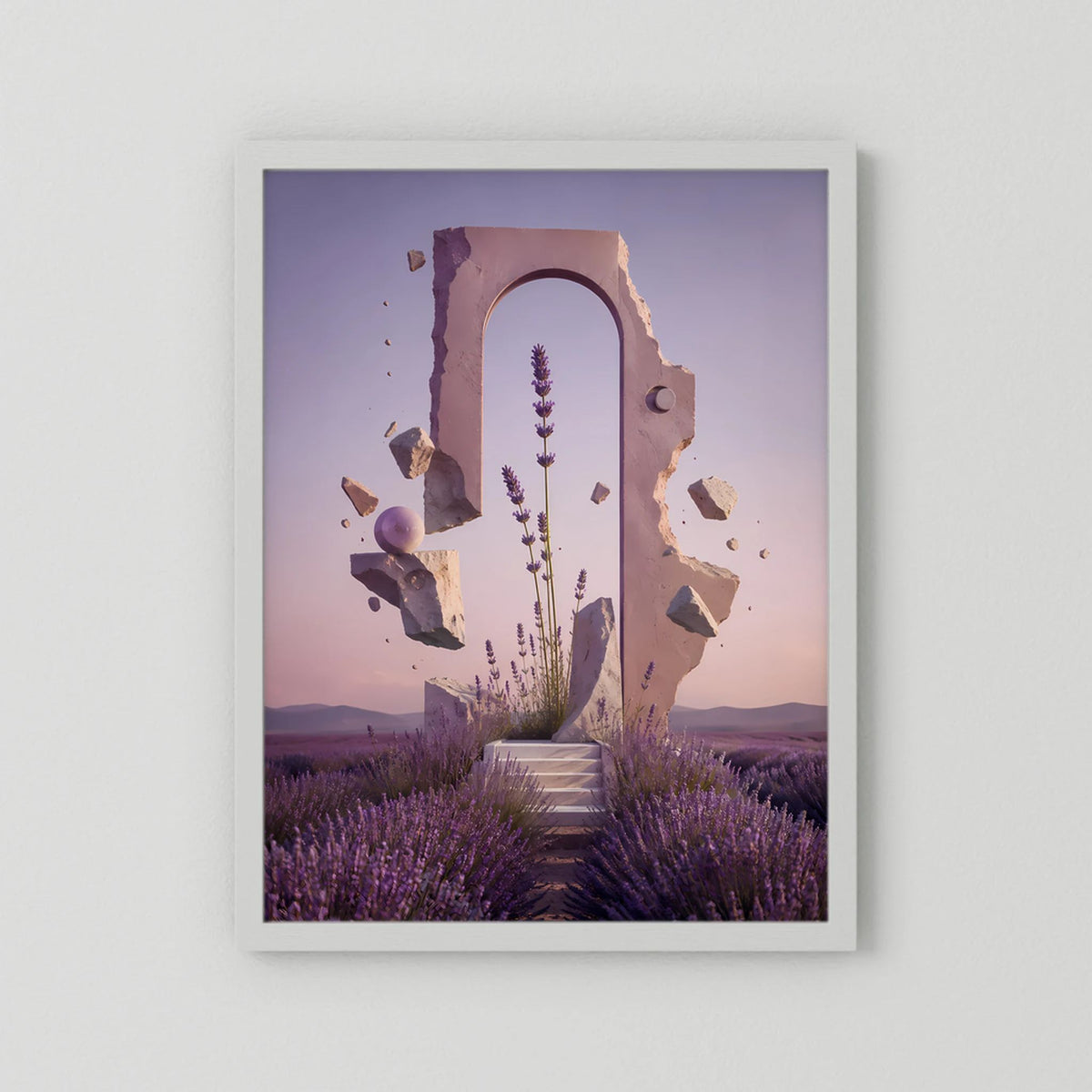 Hochformat-Poster mit violettem Lavendelfeld, Treppenweg und Portal, helles Passepartout