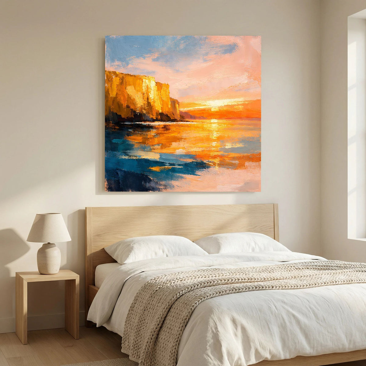 Leinwand-Wandbild: Sonnenuntergang über Wasser, orange Glanzflächen und blaue Pinselstriche