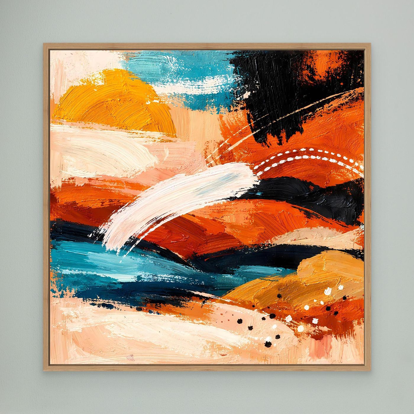 Abstract canvas wall art with terracotta and turquoise brushstrokes in brown wood frame