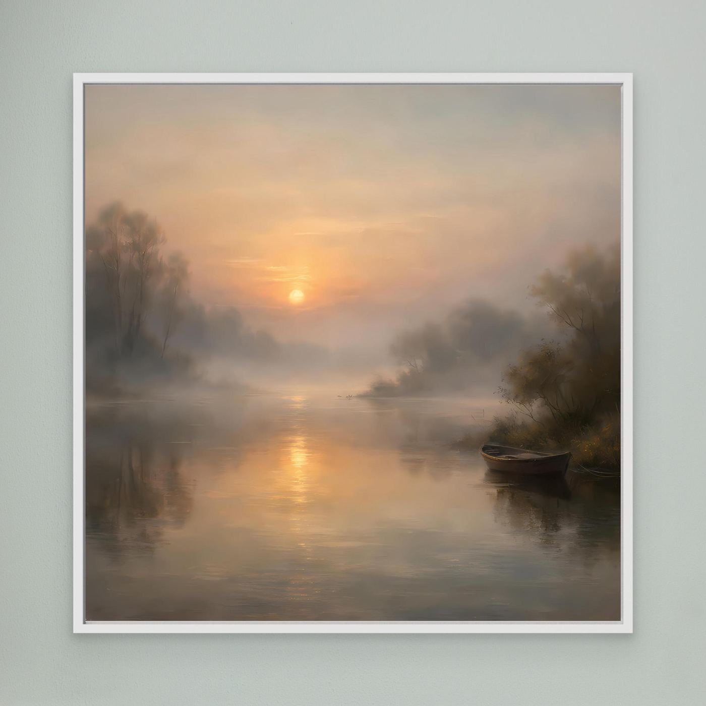 Leinwandbild mit weißem Rahmen: nebliger Flussmorgen, Sonnenaufgang, Boot im Wasser