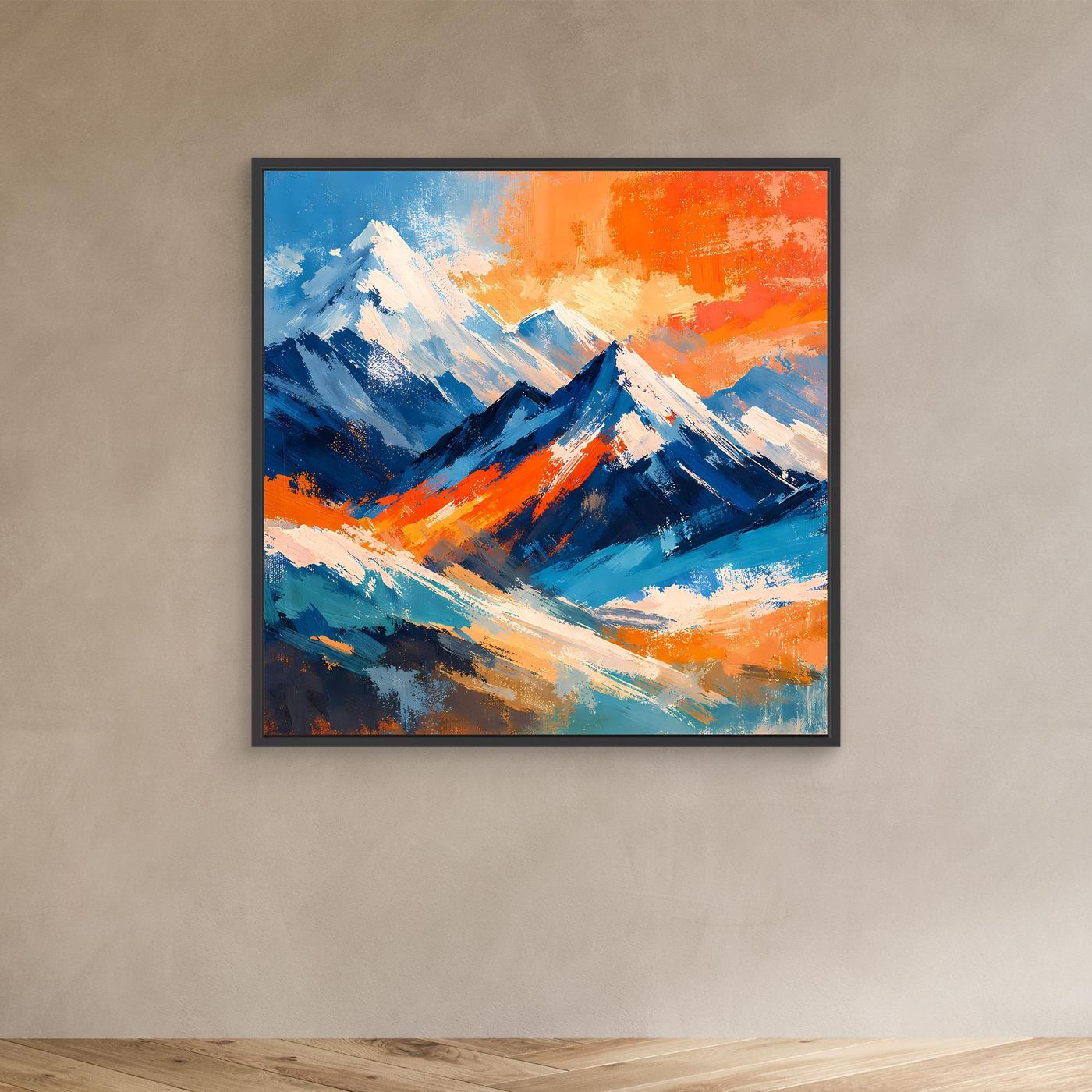 Abstraktes Leinwandbild mit Berggipfeln in Blau- und Orange-Tönen, schwarz gerahmt.