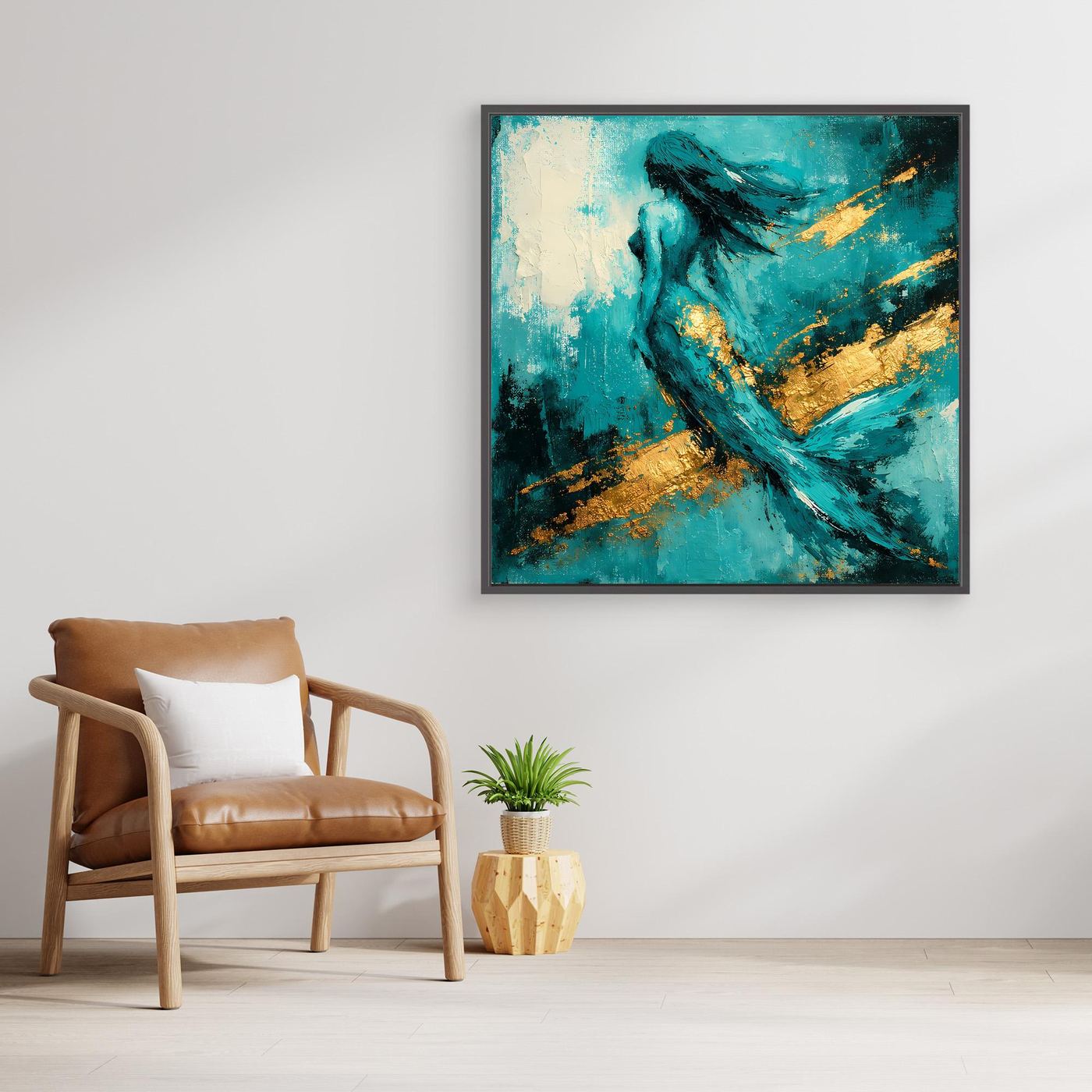 Leinwand Elegante Meerjungfrau in Türkis | Abstraktes Nixen Wandbild Gold Blau