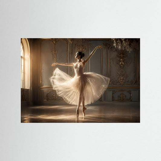 Ballettposter: Tänzerin im weißen Tutu, erhobener Arm, im dunklen Rahmen
