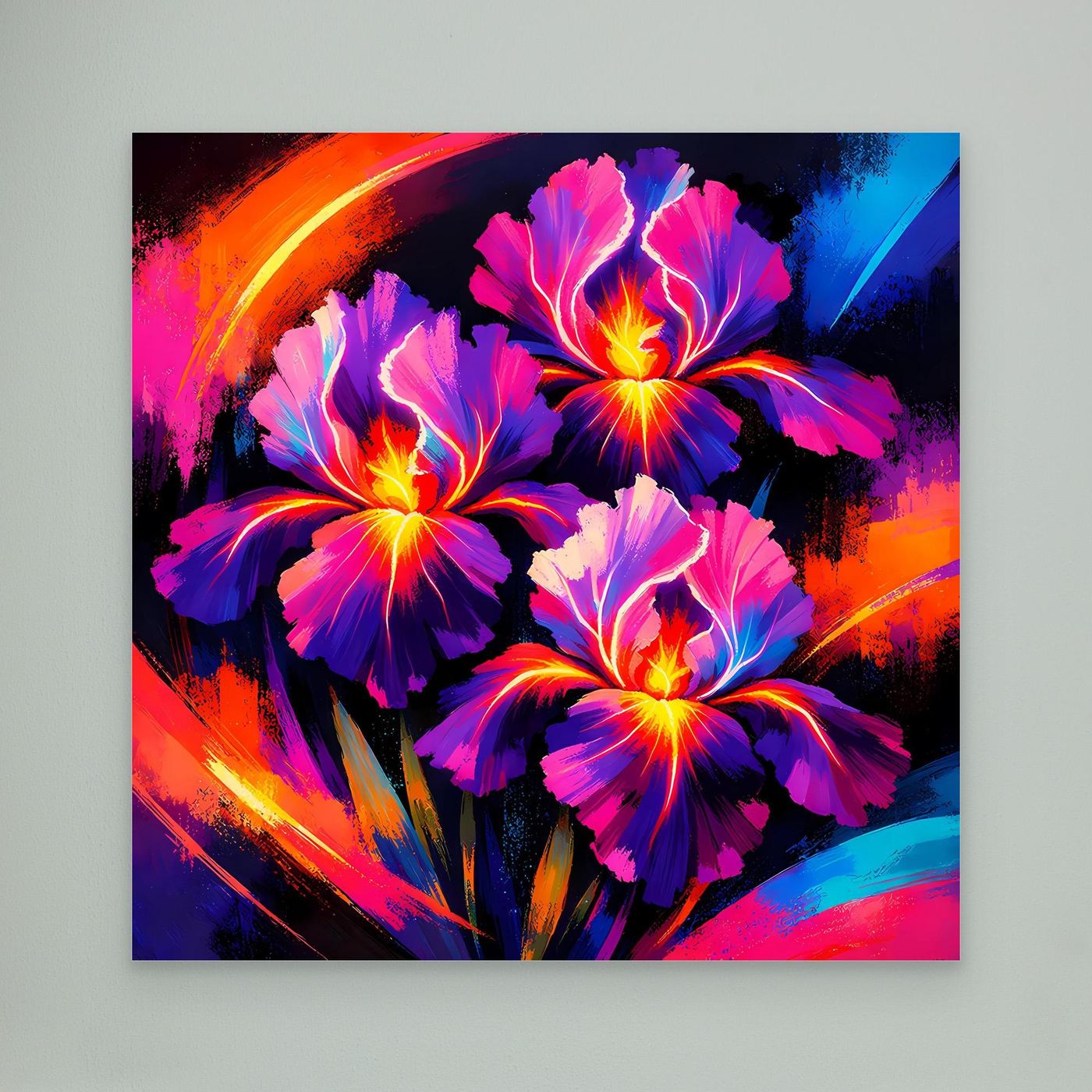 Leinwand-Wandbild mit abstrakten Irisblüten in Pink, Lila und Blau