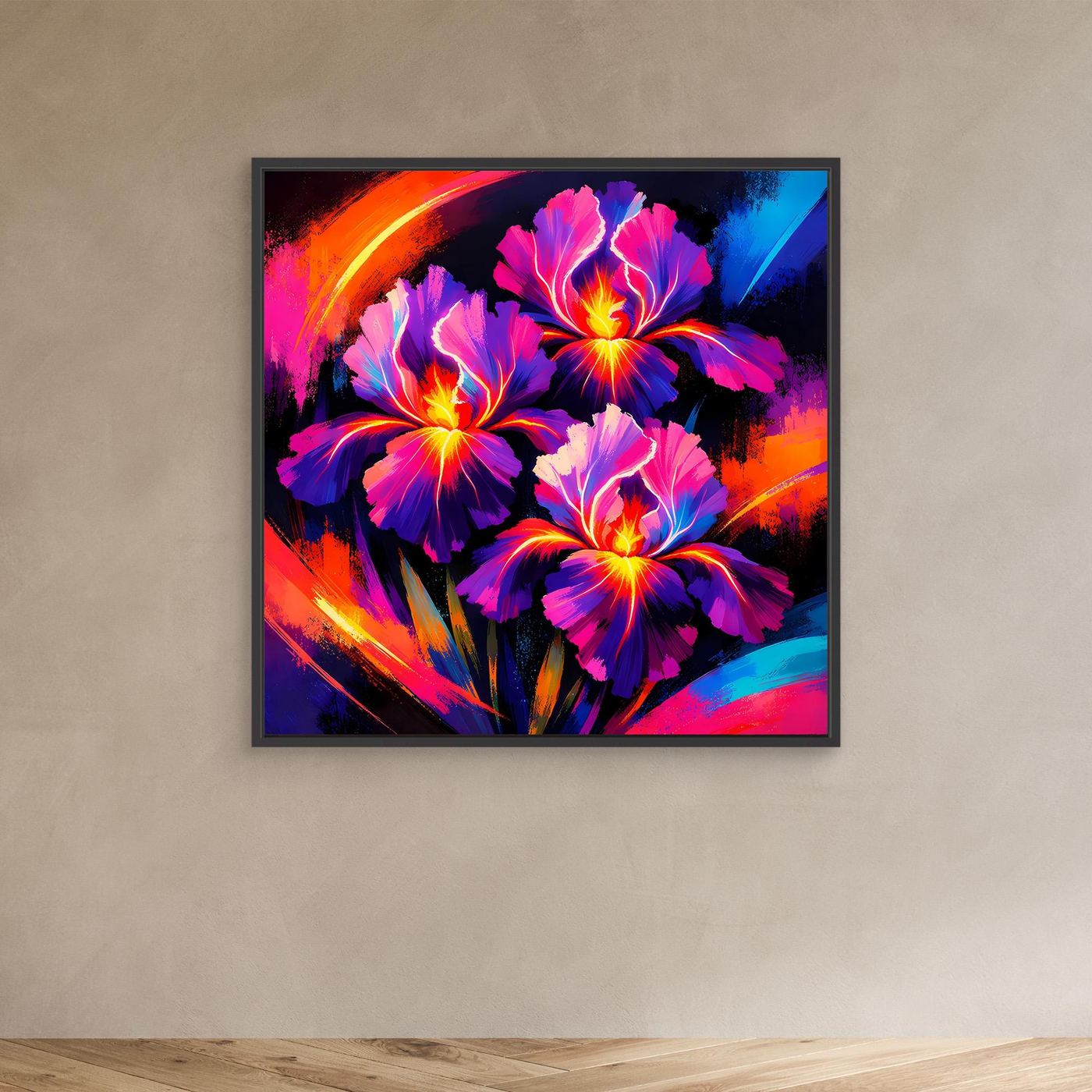 Leinwand-Wandbild mit Irisblüten-Motiv, dunkler Rahmen