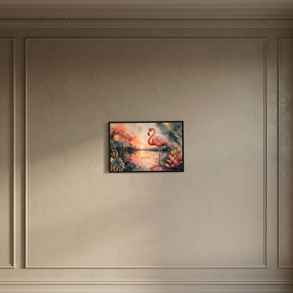 Wandposter mit Flamingo in tropischer Sonnenuntergangslandschaft, schwarzer Rahmen