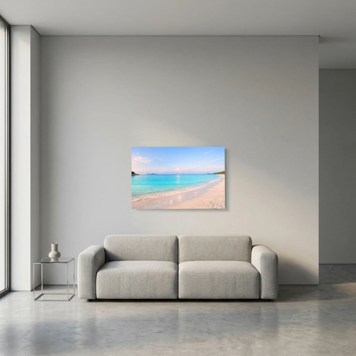 Wandbild im Querformat mit Sandstrand und türkisblauem Meer als Strandmeer-Motiv.