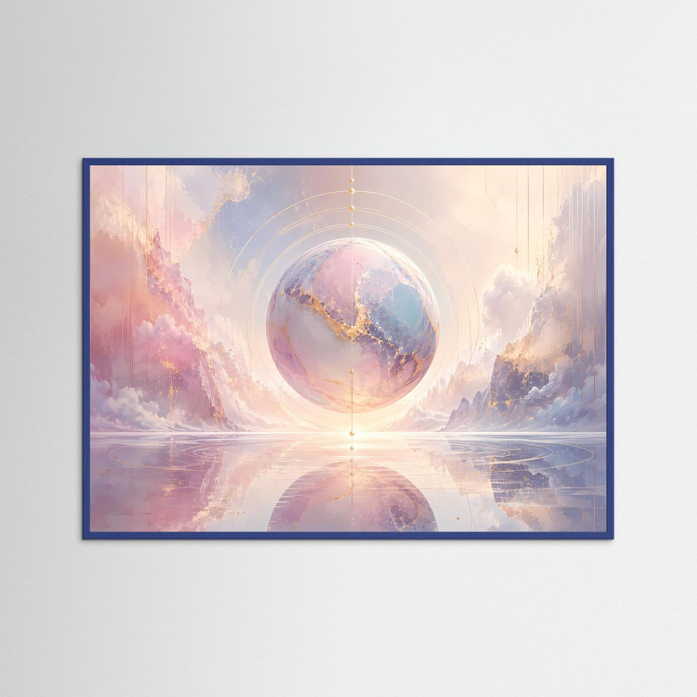 Abstrakte Sphäre Poster | Pastell Kosmos Wandbild mit Goldakzenten | Moderne Surreale Himmelskunst Querformat