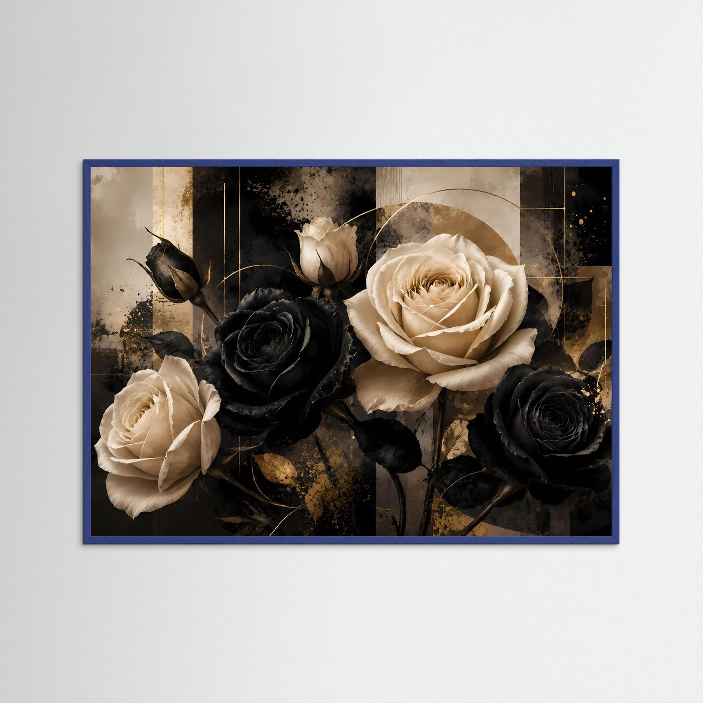Blumenposter mit schwarzen, weißen und goldfarbenen Rosen, blauer Rahmen