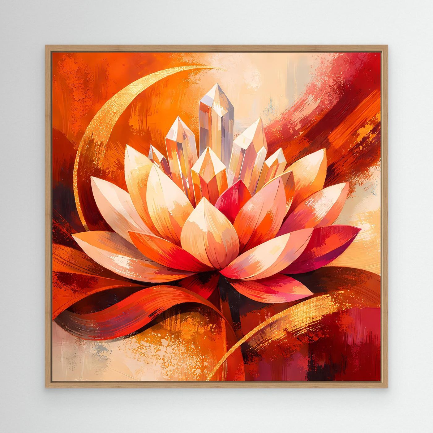 Leinwandbild mit abstrakter Lotusblüte in Orange und Rot, mit hellem Holzrahmen