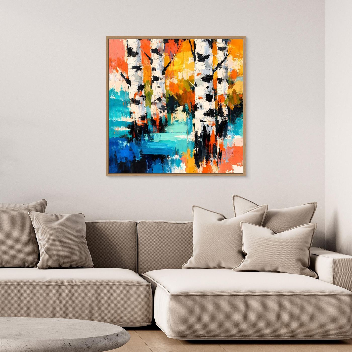 Dark-framed abstract birch forest canvas art with blue waterlike bands and orange trees.