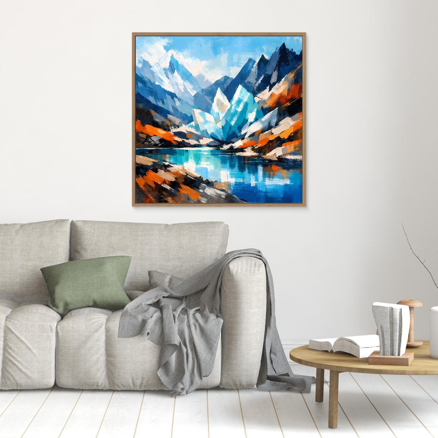 Abstraktes Leinwand-Wandbild mit Bergspitzen und See, blau/türkis, braun gerahmt
