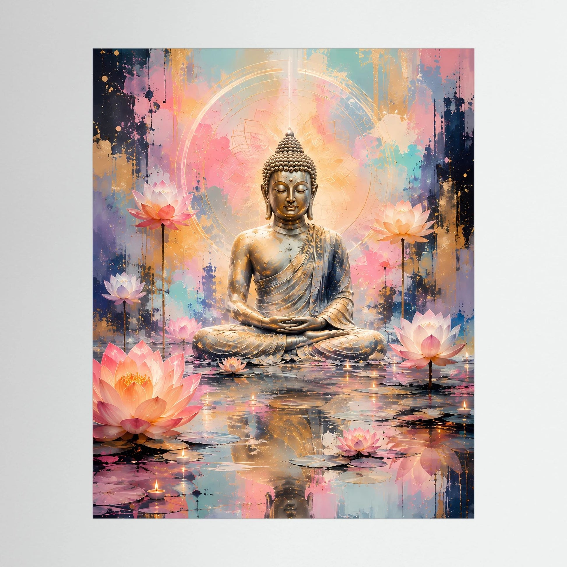 Poster mit meditierendem Buddha und Lotusblüten, Pastellfarben mit goldenen Akzenten