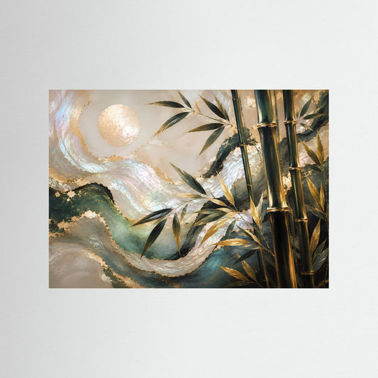 Querformatige Wandkunst: abstrakter Bambus mit goldener Kugel und Meereswellen