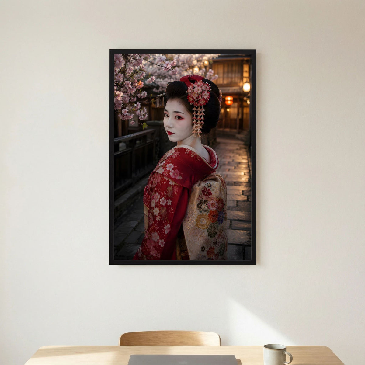 Poster: Geisha im rotem Kimono mit Kirschblüten im Haar, schwarzer Rahmen
