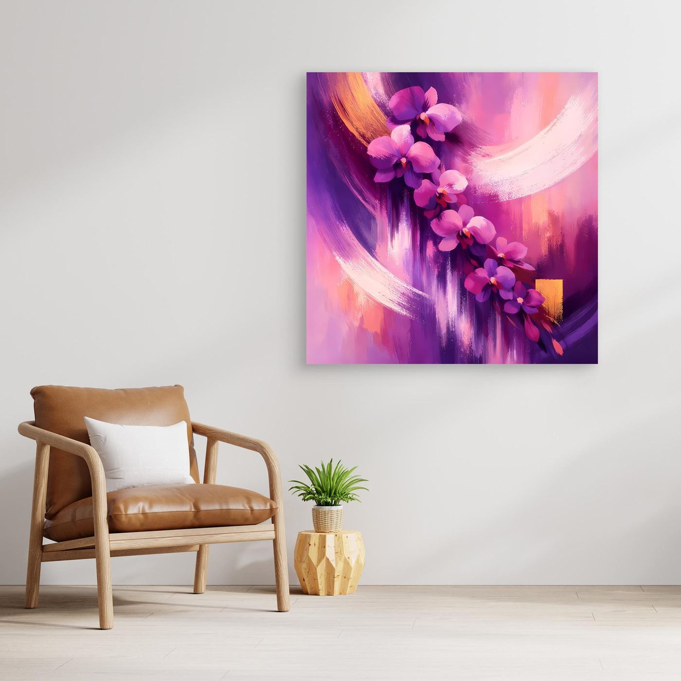 Abstraktes Orchideen-Leinwandbild in Lila und Pink, quadratisch
