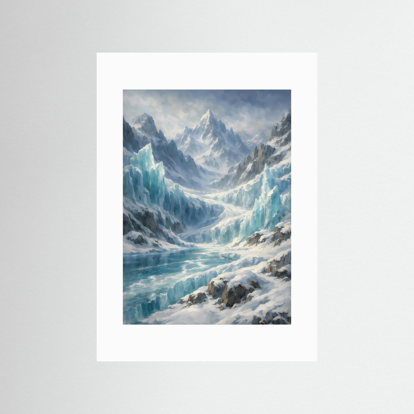 Arktis-Gemälde-Poster mit Gletscherlandschaft, blau schimmernden Eismassen und Bergen