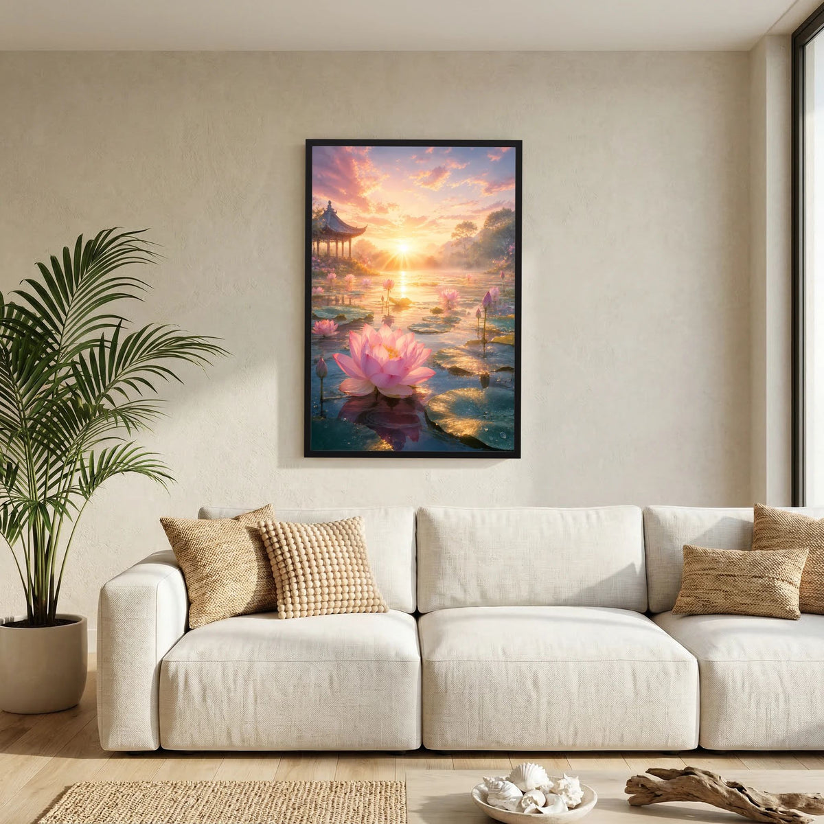 Poster im Hochformat mit rosa Lotusblüte am Teich, schwarzer Rahmen an der Wand