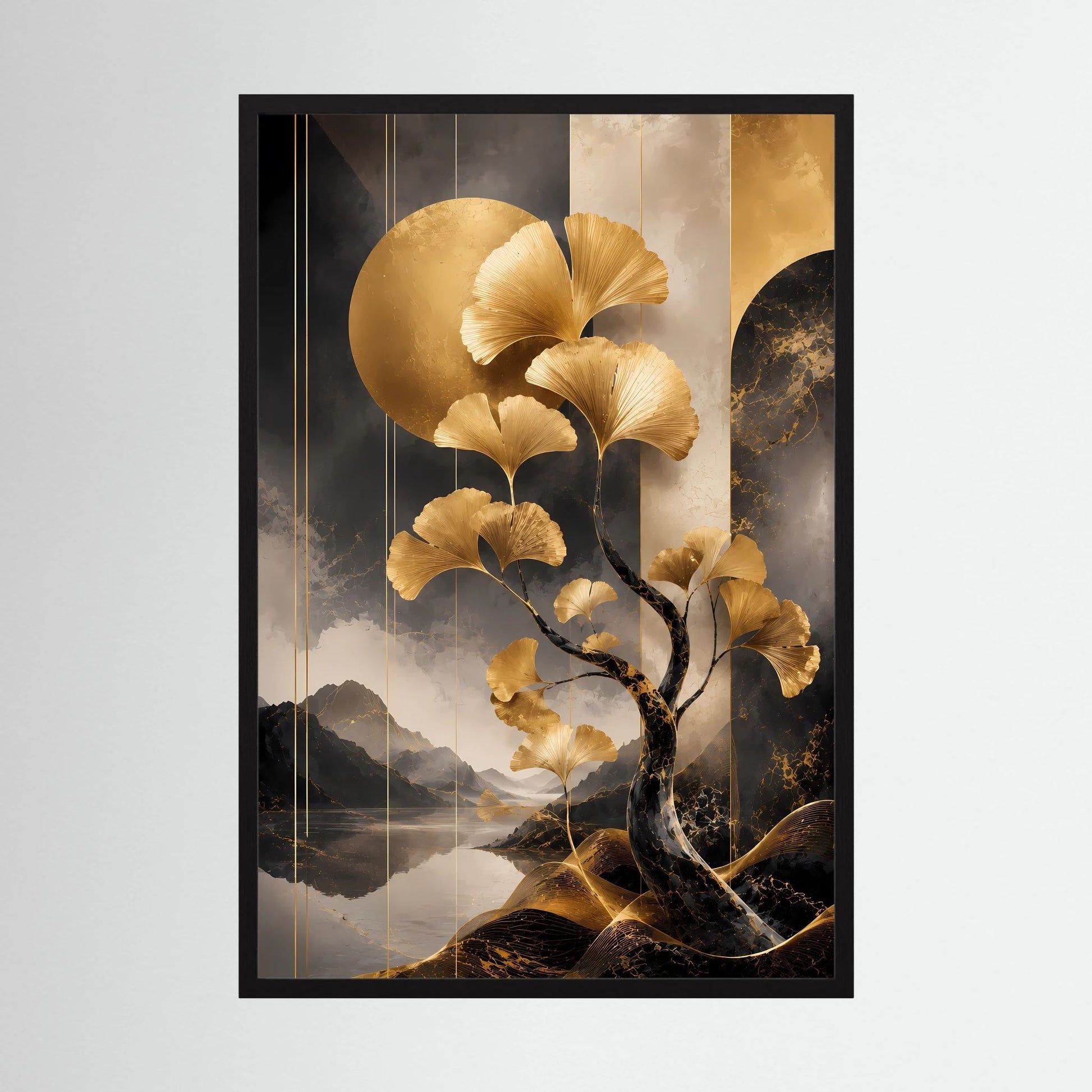 Gerahmtes Poster (Hochformat) mit goldener Ginkgobaum-Illustration und dunklem Hintergrund