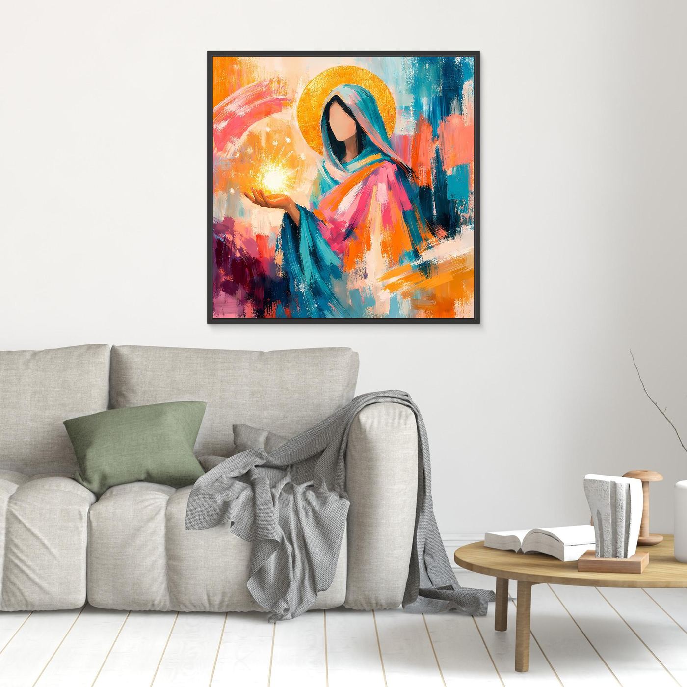Wandbild: Mariafigur mit Heiligenschein und leuchtender Kerze, schwarz gerahmt