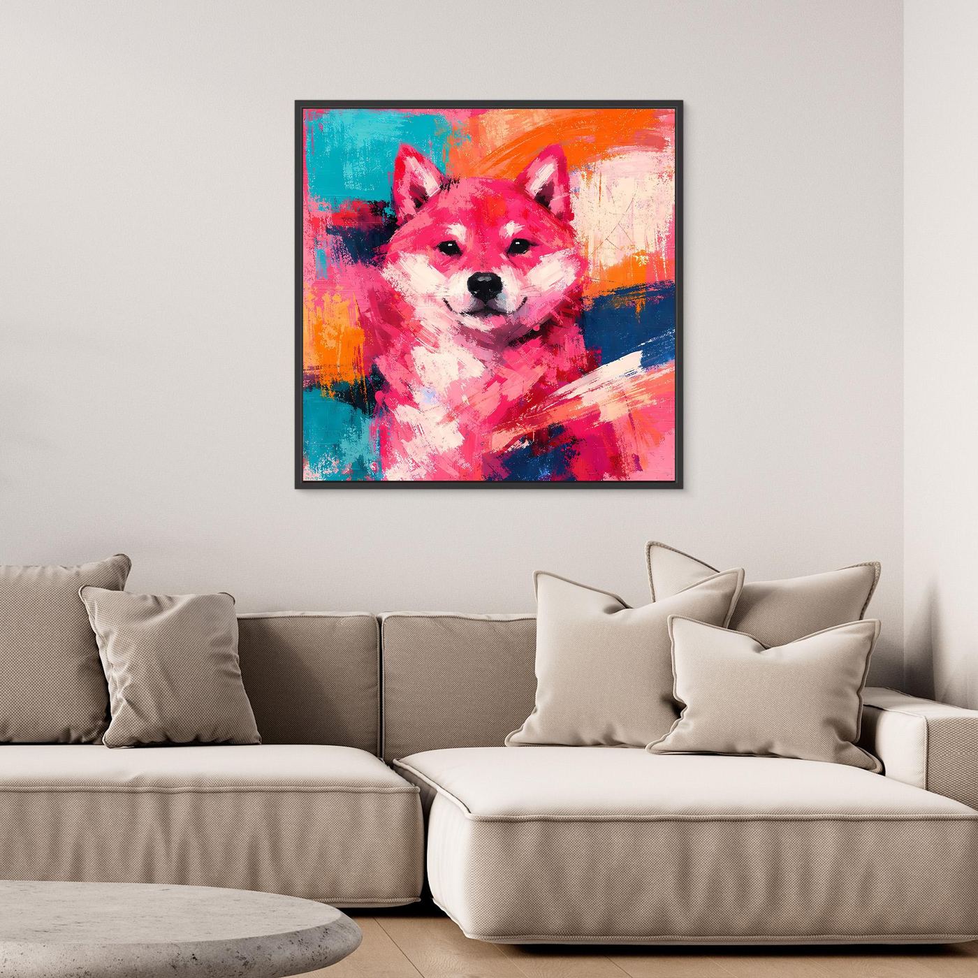 Pop-Art-Wandbild mit Shiba Inu, kräftige Farben, schwarzer Rahmen