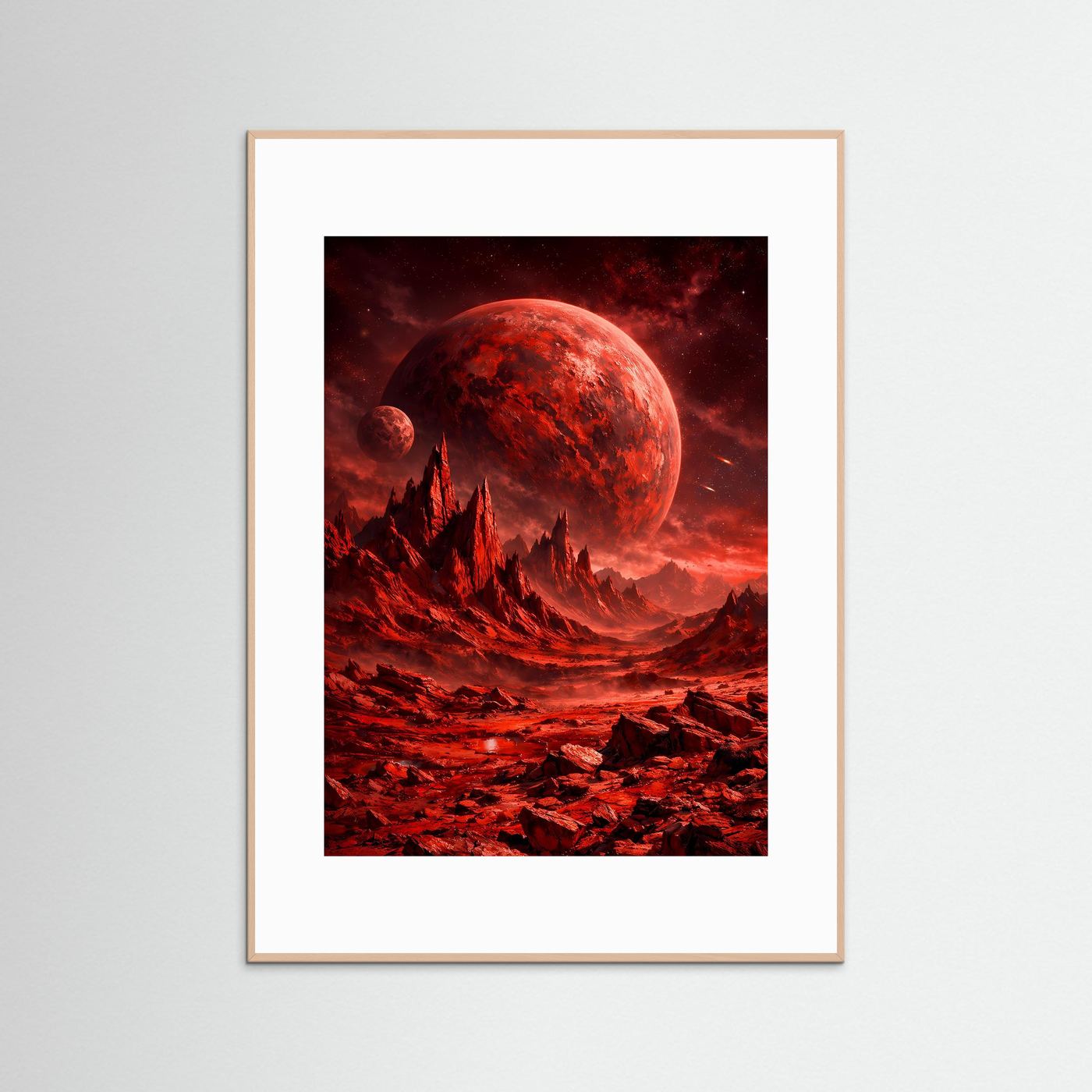 Sci-Fi-Kunstposter: roter Planet und Mond über roter Gebirgslandschaft, weiß gerahmt