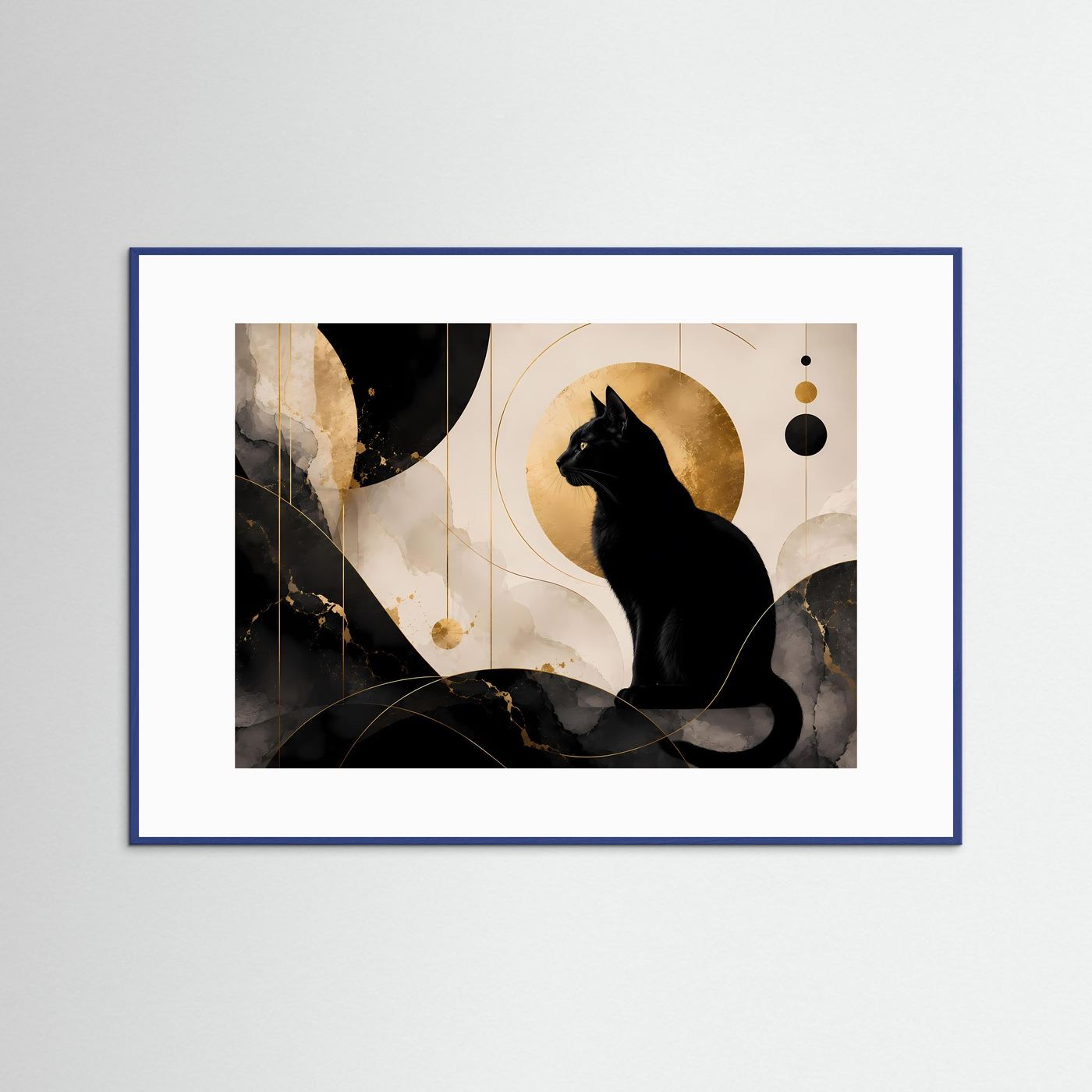 Schwarze Katze in Gold & Marmor | Elegante abstrakte Katzen Wandkunst