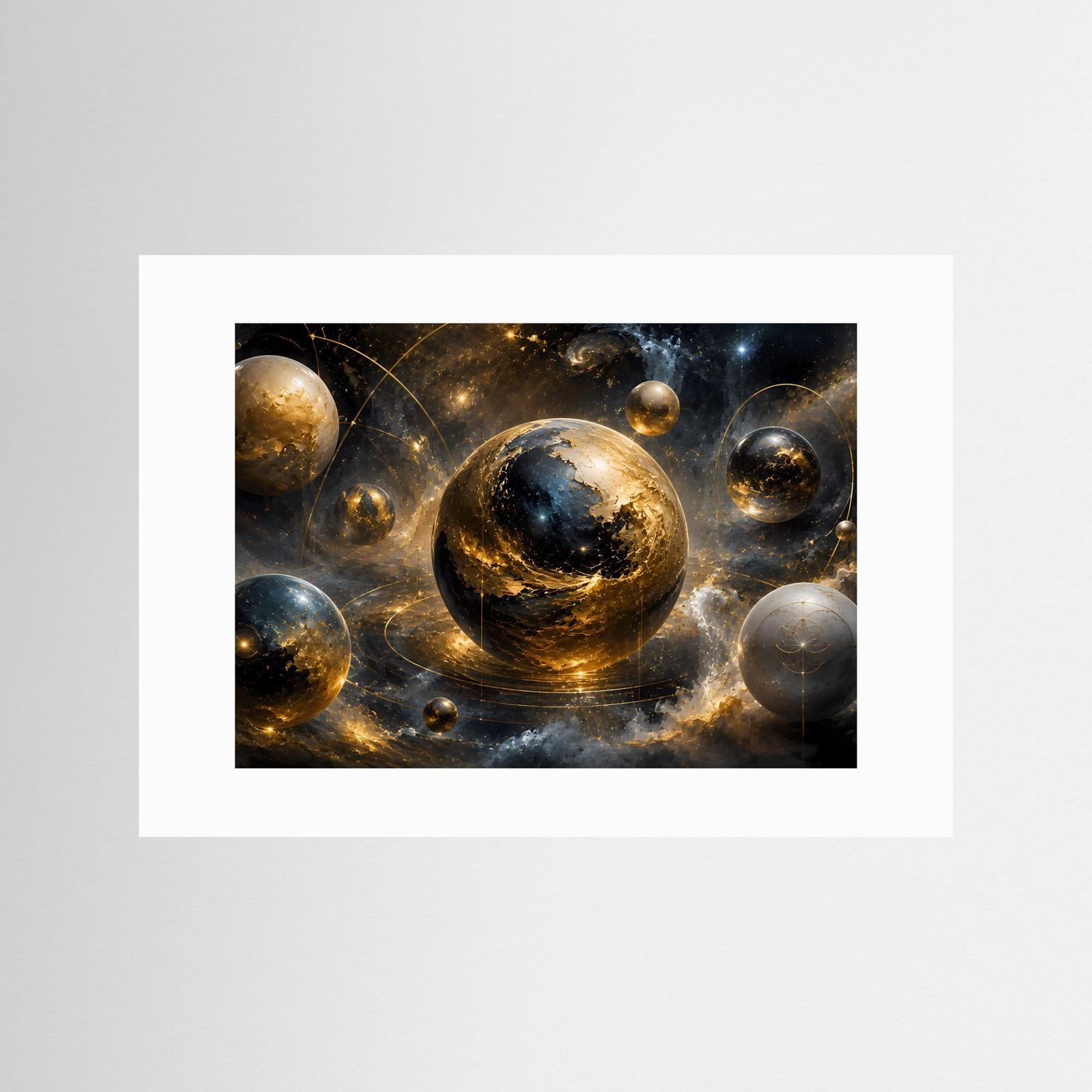 Kosmisches Sphären-Poster mit Planetenmotiv, gold-schwarz, auf weißem Passepartout