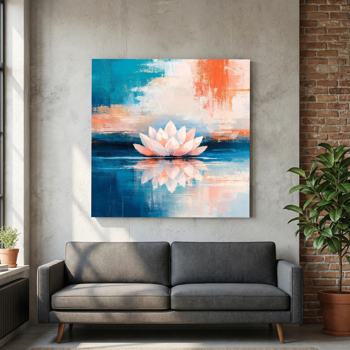Leinwand-Wandbild mit Lotus im Wasser, abstrakte Pinselstriche in Blau und Orange