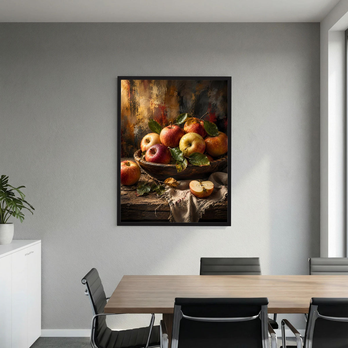 Hochformatiges Poster mit Äpfeln in Schale, im schwarzen Rahmen