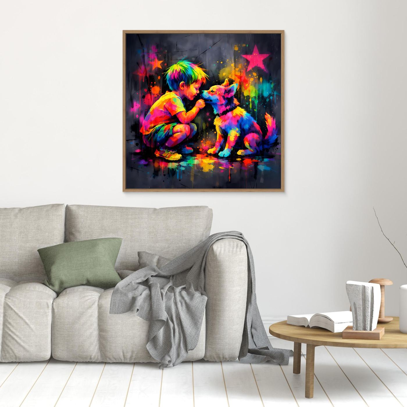 Gerahmtes Leinwandbild: Kind und Hund im bunten Graffiti, Sterne und Sprühfarben an der Wand