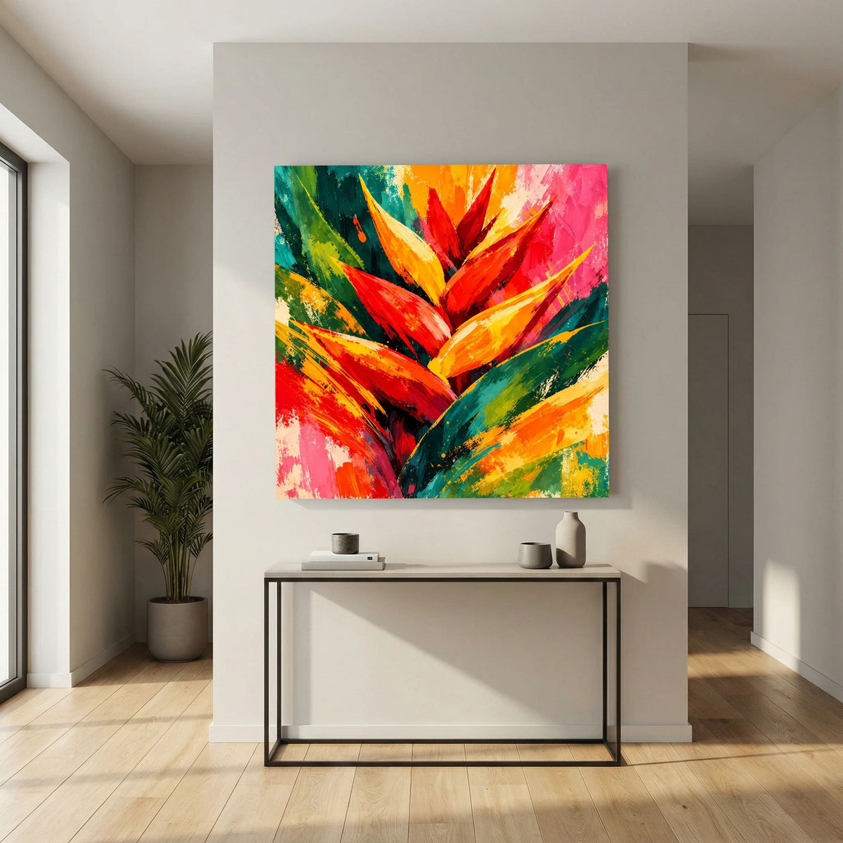 Leinwand Abstrakte Helikonie Blüte | Modernes Tropen Wandbild Bunt Exotisch