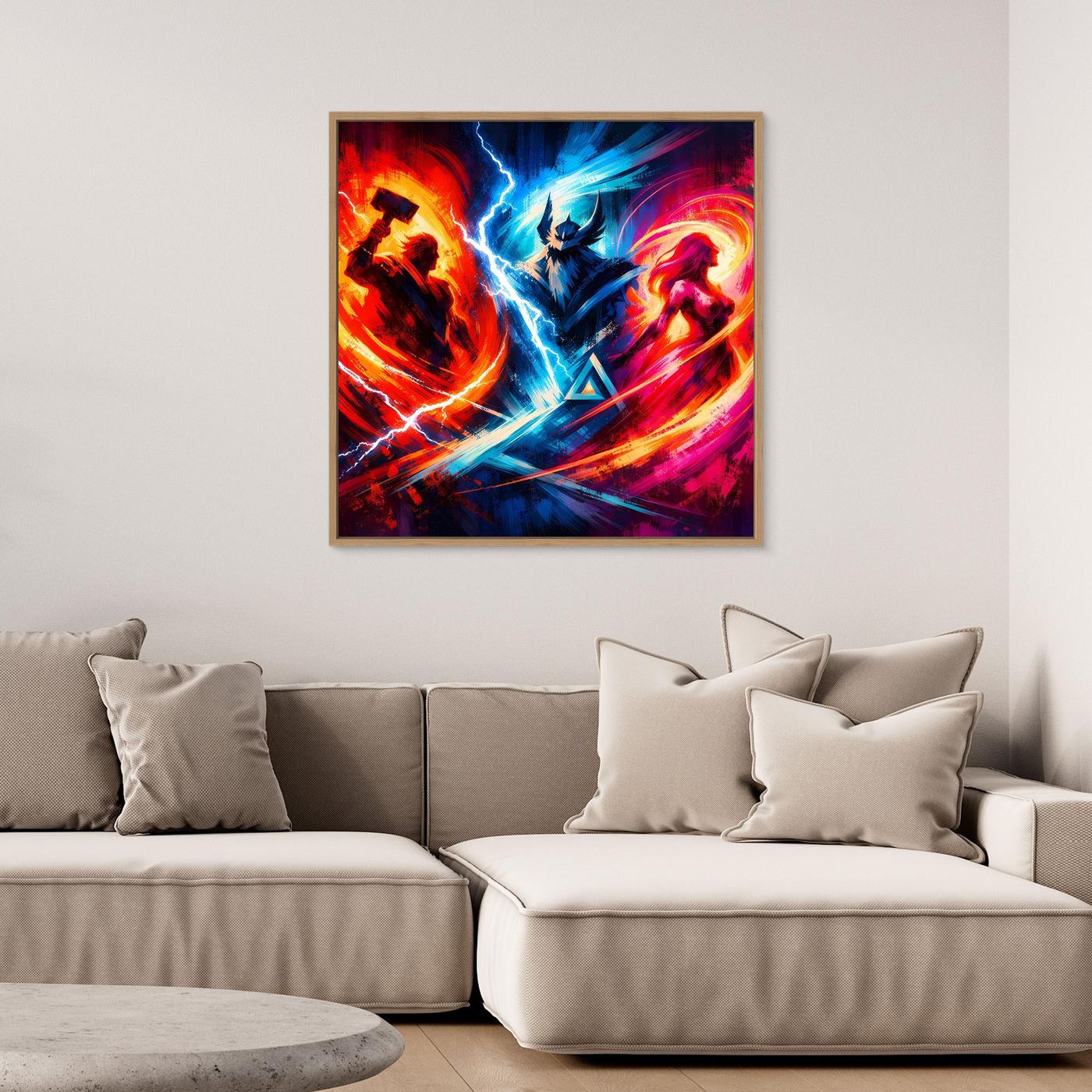 Quadratisches Neon-Fantasy-Wandbild: leuchtender Blitz zwischen drei Figuren, Rot und Blau