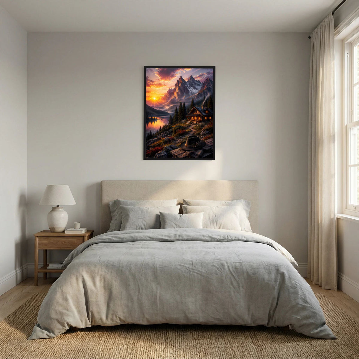 Hochformatiges Poster mit schwarzem Rahmen: Berggipfel, See und Berghütte im Abendrot