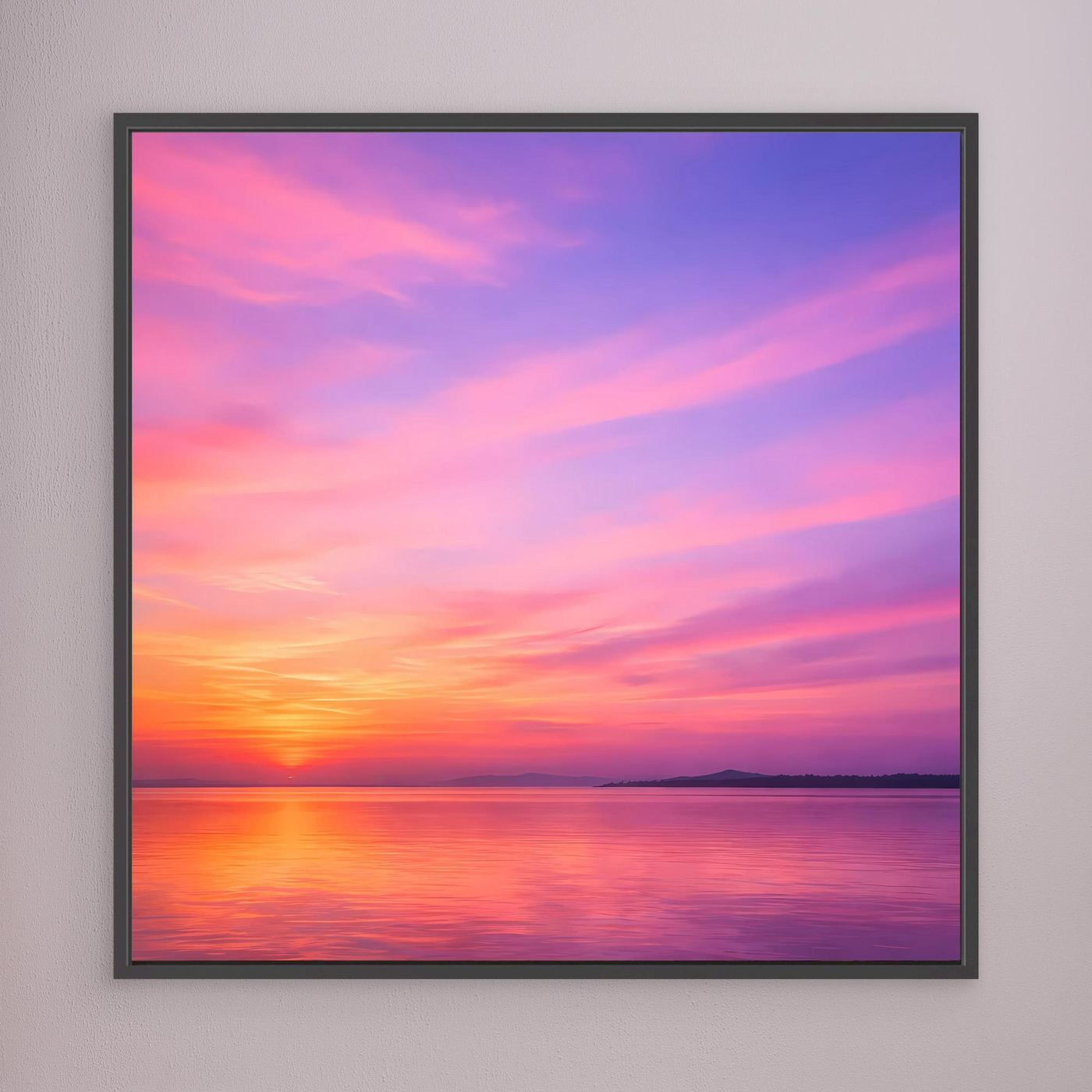 Leinwandbild mit Pastell-Sonnenuntergang am Meer, mit schwarzem Rahmen