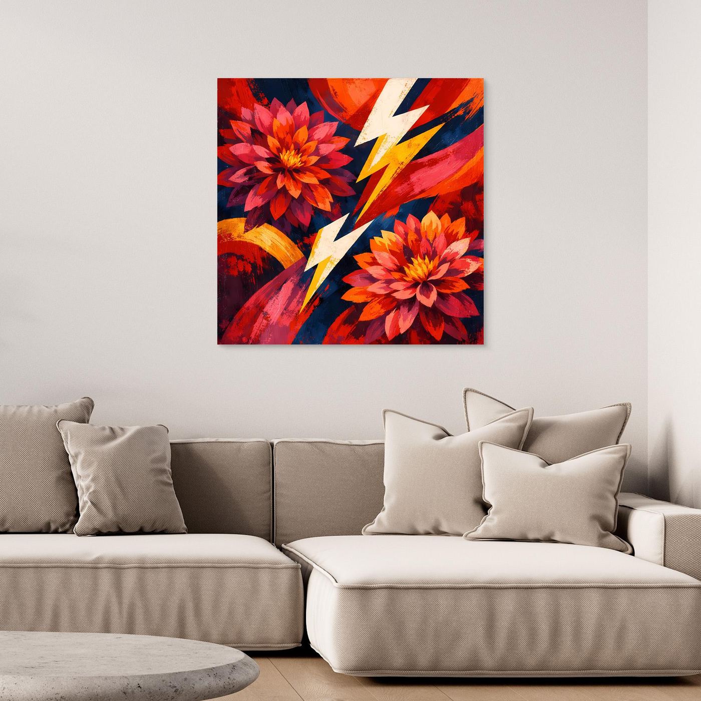 Abstraktes Blumen-Leinwandbild mit roten, gelben und orangefarbenen Blüten und Blitz